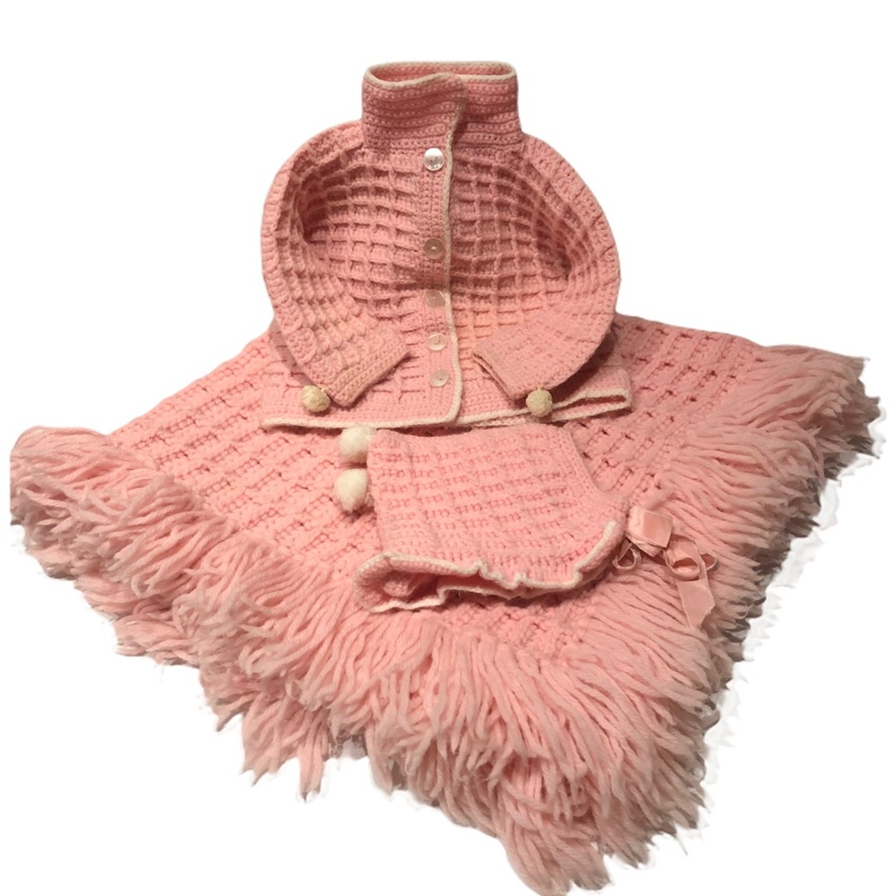 VTG Baby Girl Fringe Blanket Sweater Hat Set Crochet Pink Poms Handmade Grandma